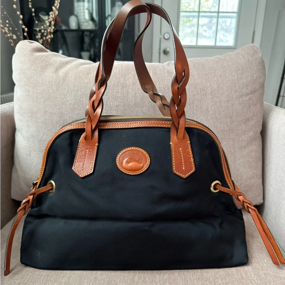 Dooney & Bourke Black Nylon Brown Leather Trim Domed Satchel Bag